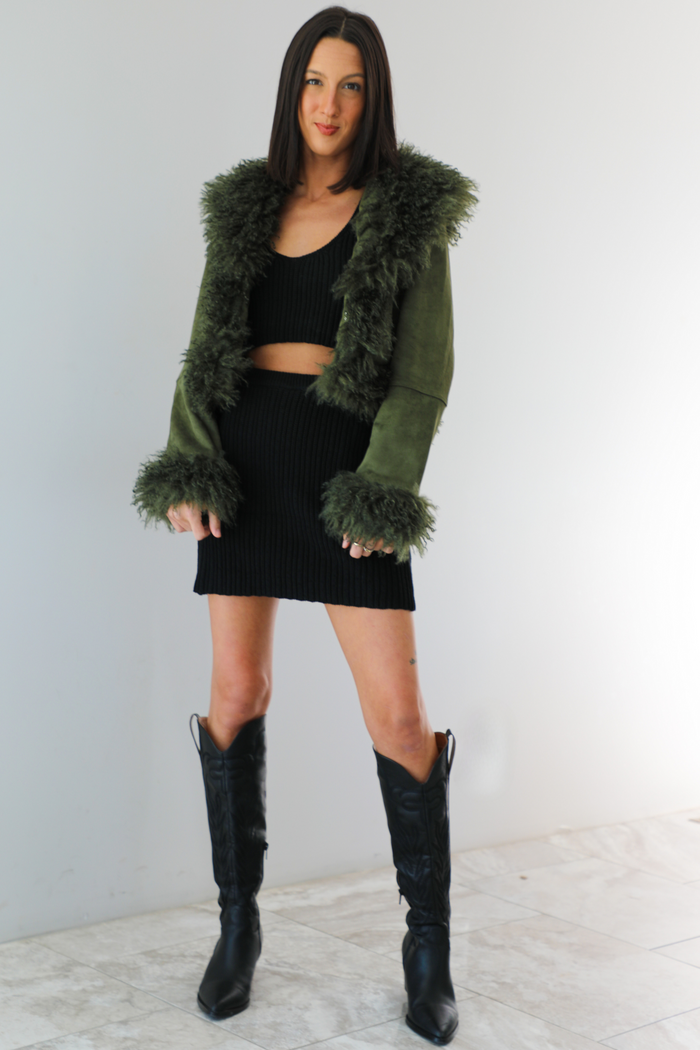 Tell It All Faux Fur Trim Jacket: Green