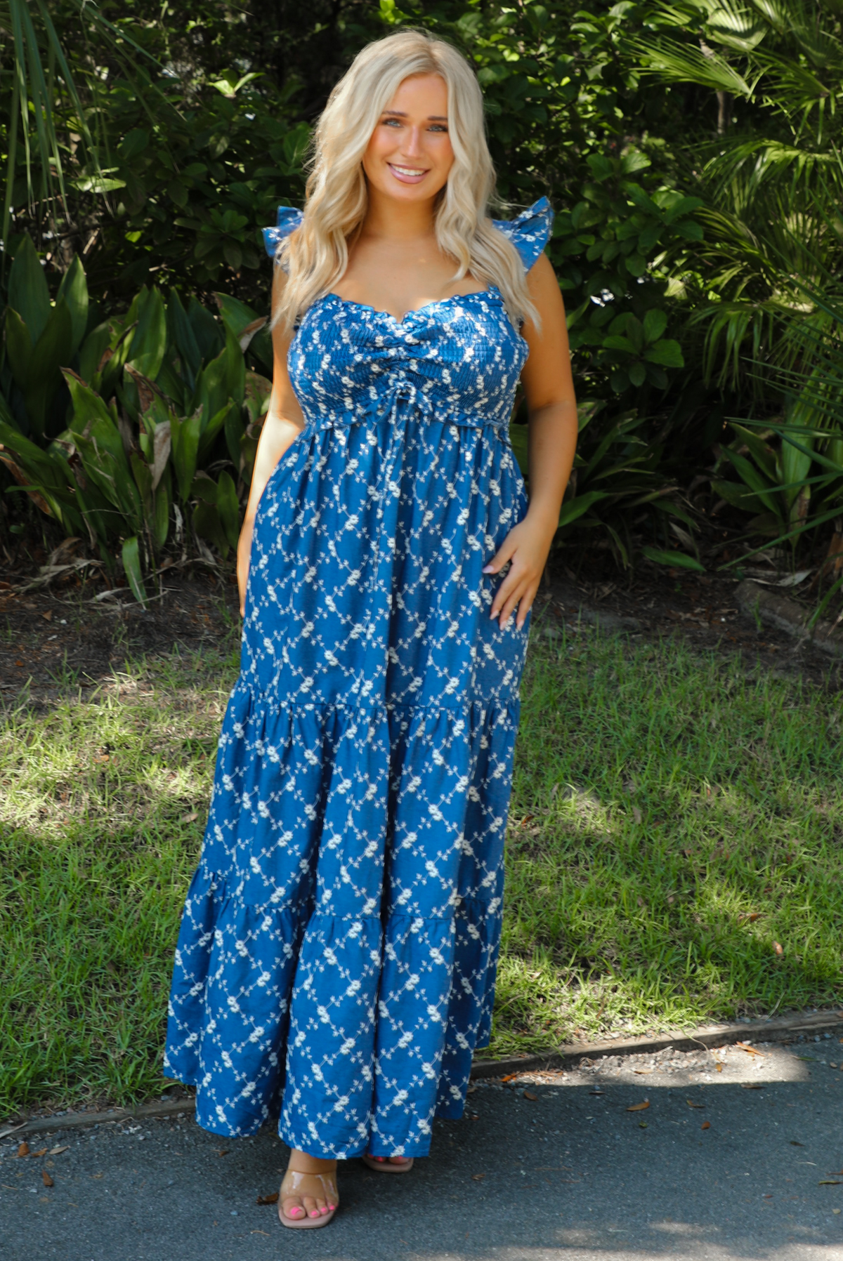 Hidden Meaning Maxi Dress: Denim/Cream
