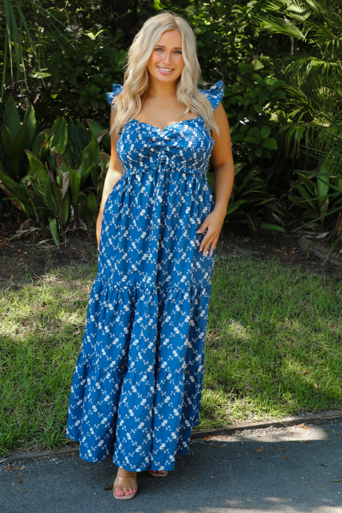 Hidden Meaning Maxi Dress: Denim/Cream