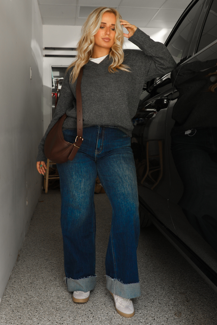 For Sure Sweater: Deep Grey/White
