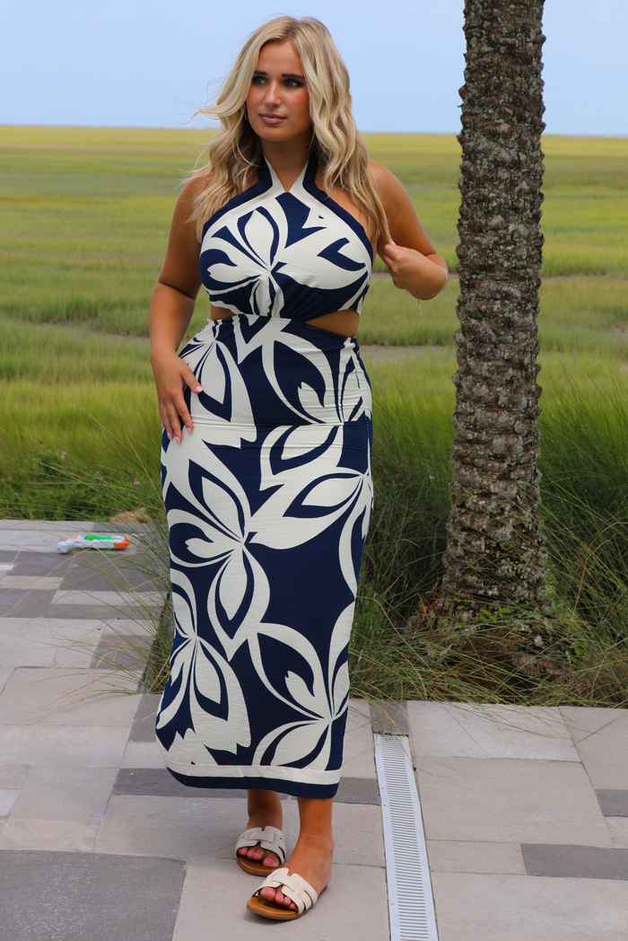 On A Holiday Midi Dress: Navy/Cream