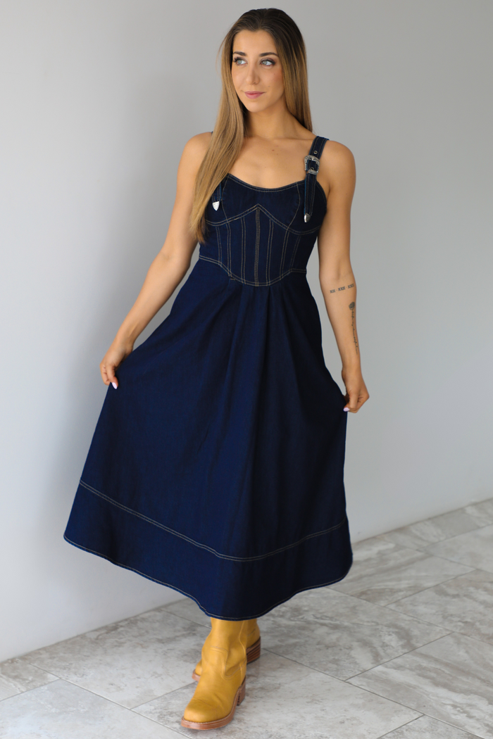 Making Moves Midi Dress: Dark Denim