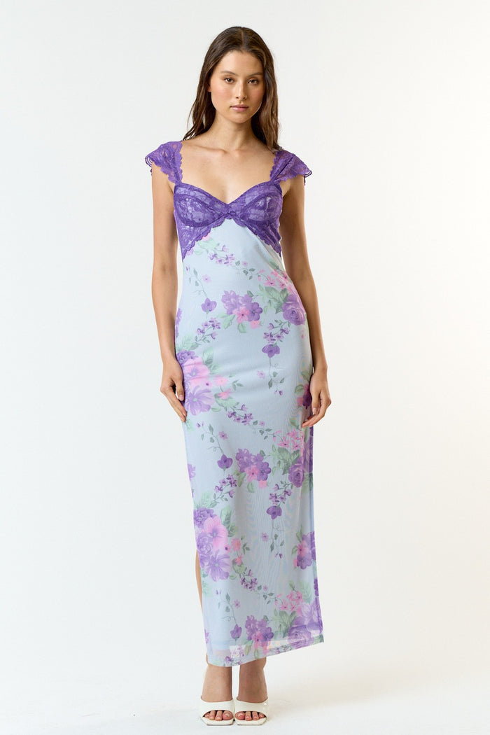 PRE-ORDER: Pretty In Paradise Lace Detail Maxi Dress: Light Blue/Multi