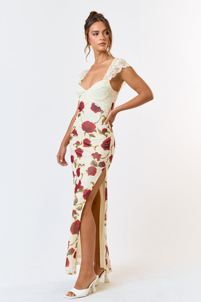 PRE-ORDER: Pretty In Paradise Lace Detail Maxi Dress: Off White/Multi