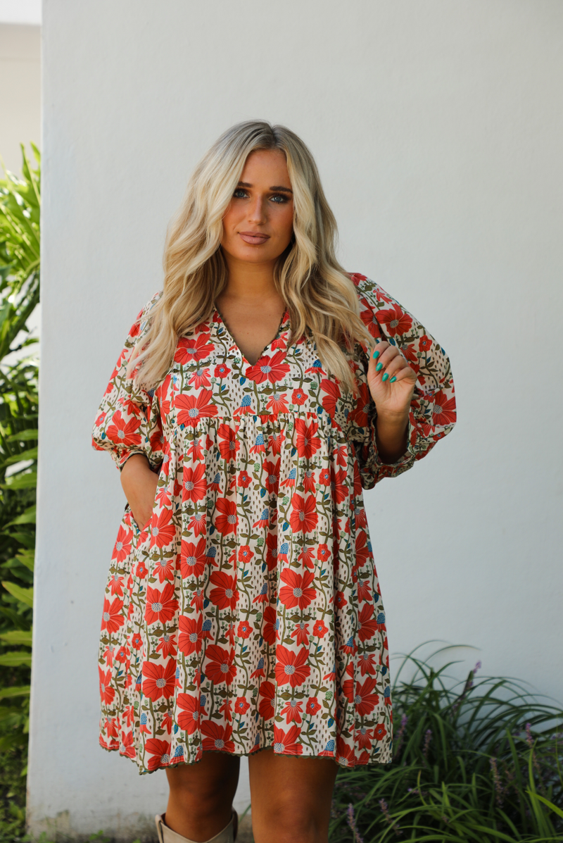 First Thing Dress: Orange/Multi Floral