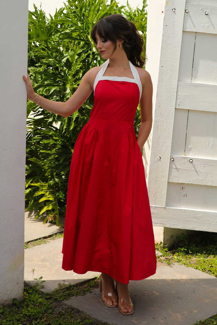 Classic Style Midi Dress: Red/White