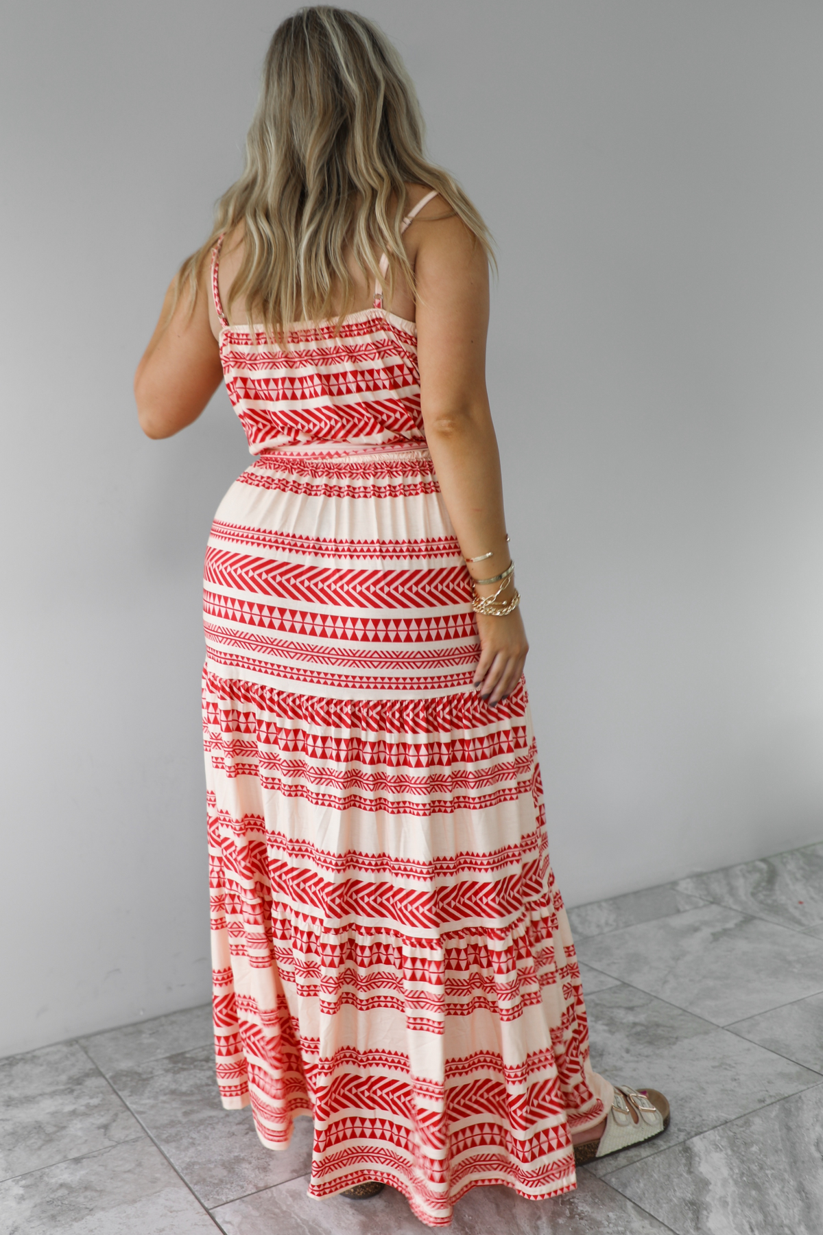 Printed Maxi Dress: Coral Red/Cream