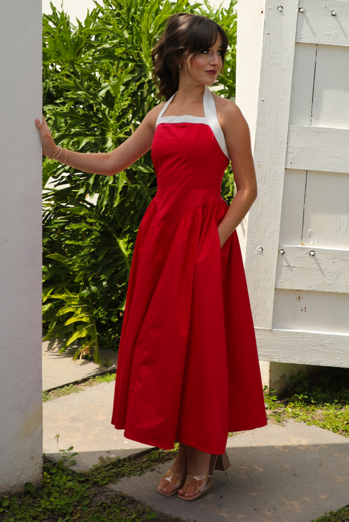Classic Style Midi Dress: Red/White