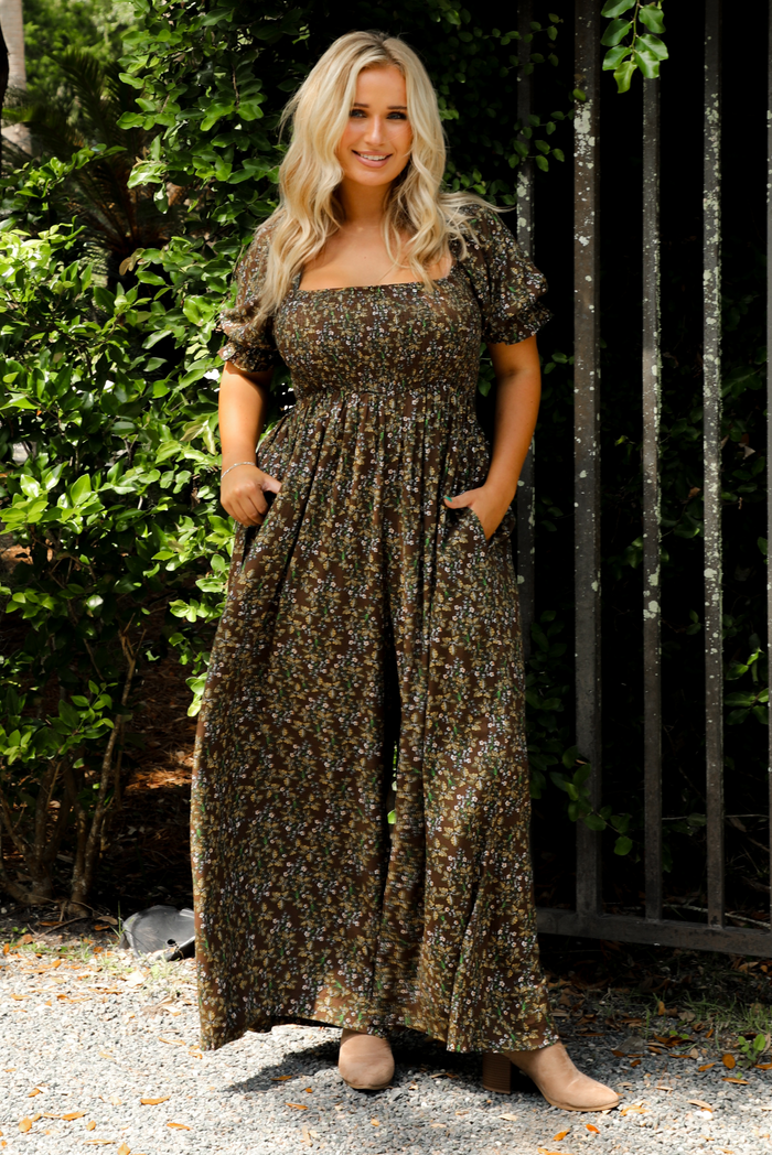 PRE-ORDER: Think About It Jumpsuit: Brown/Multi
