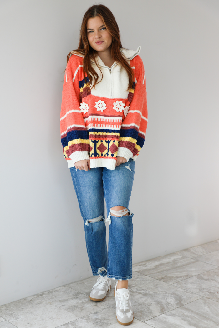 Chilly Winds Half Zip Sweater: Orange/Multi
