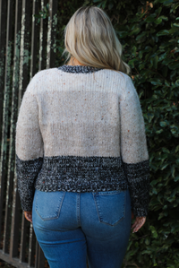 Colorblock designed cardigan with ivory, sand, oatmeal, and charcoal colors. The cardigan has functional button closures in the front with a relaxed fit. The cardigan is styled with medium wash denim. The photo is taken outdoors with greenery in the back. The photo showcases a close up of the back of the cardigan.