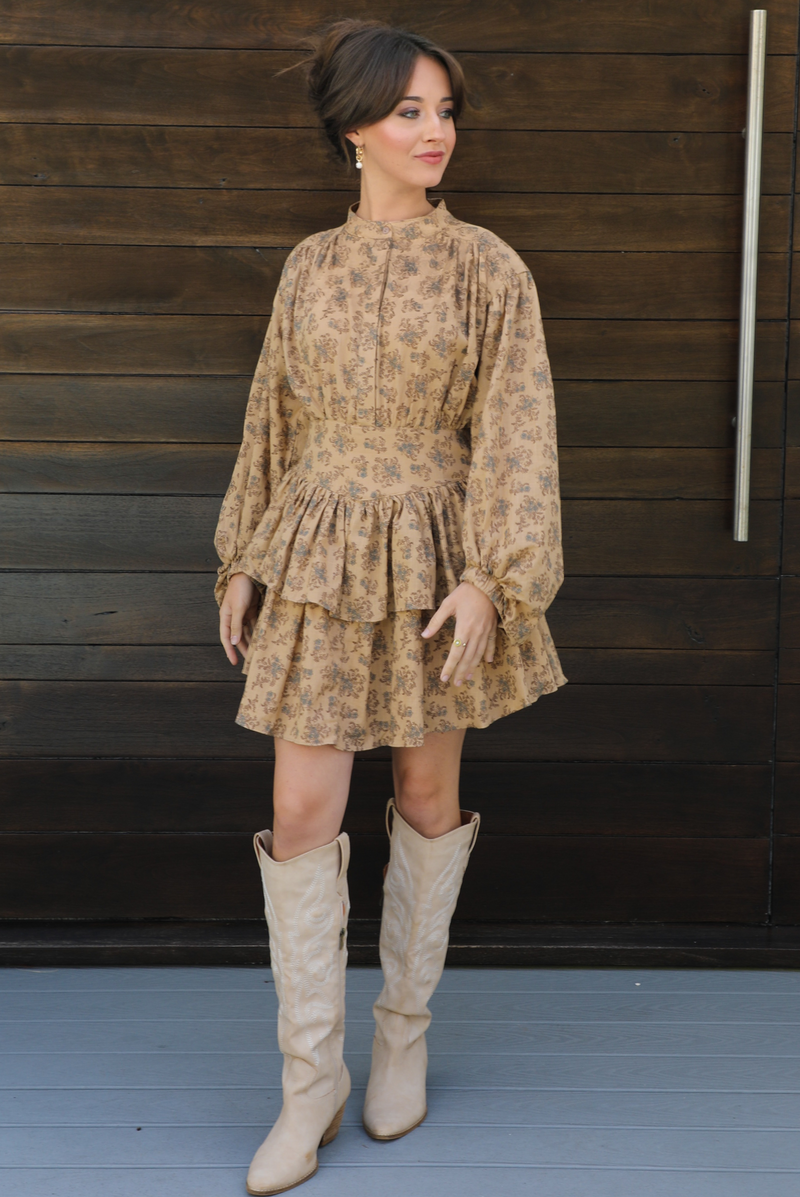 Flower Fields Dress: Tan/Multi