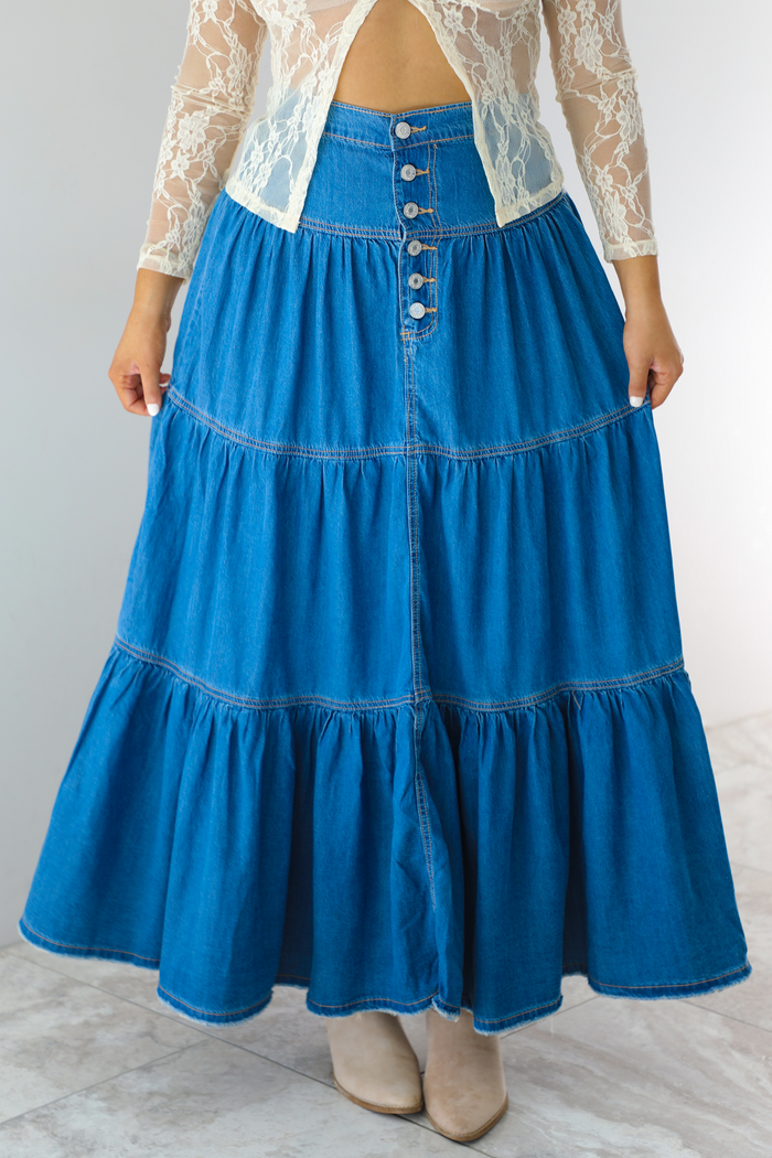Take The Long Way Skirt: Dark Denim