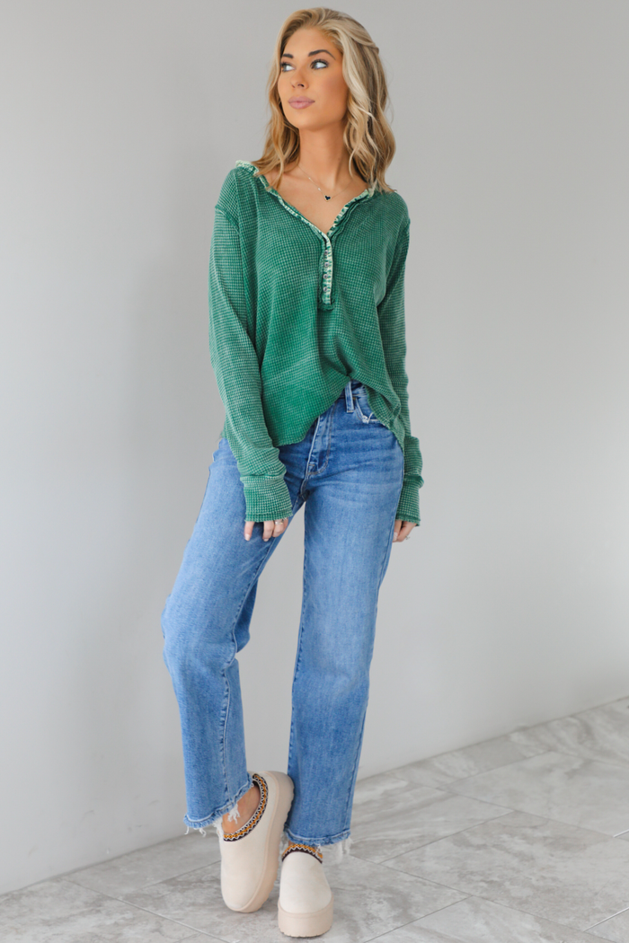 Here To Stay Waffle Henley Top: Green