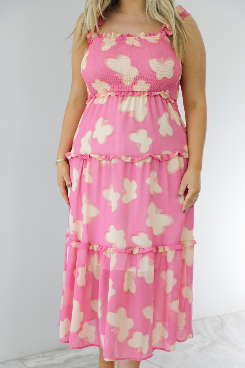 Butterfly Midi Dress: Pink/Cream