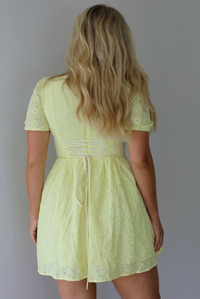 Woman wearing a light yellow mini dress with a floral eyelet design throughout, v-neckline, short sleeves, fitted drop waist bodice, and a flowy mini length skirt indoors against a white wall. The photo shows the back of the dress, which has a zipper closure and a lace up design.