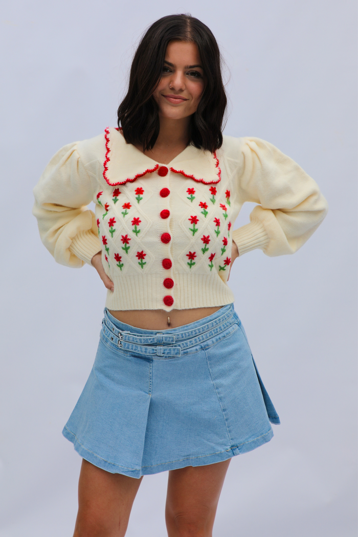 Simple Flowers Cardigan: Ivory/Multi