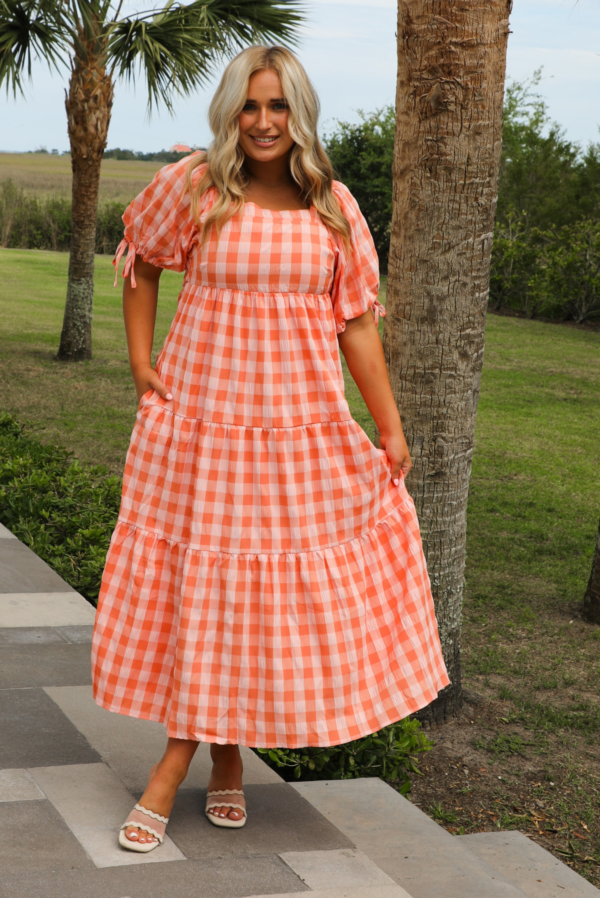 Back To You Maxi Dress: Peach Gingham