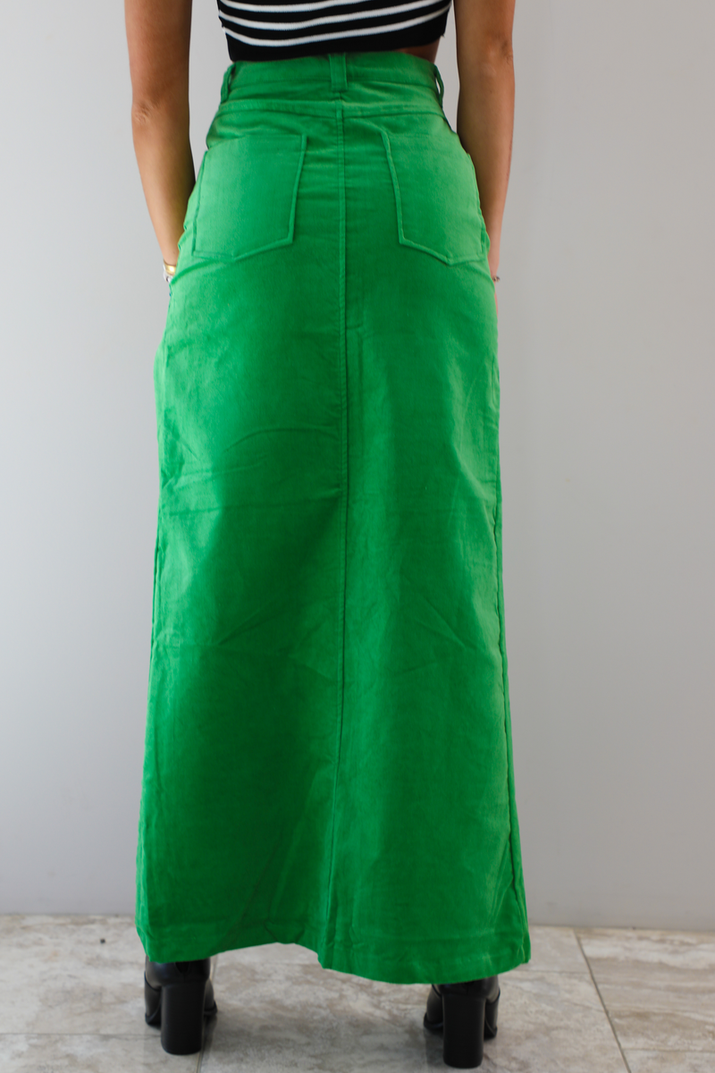 High-Waisted Maxi Skirt with Stylish Slit: Green