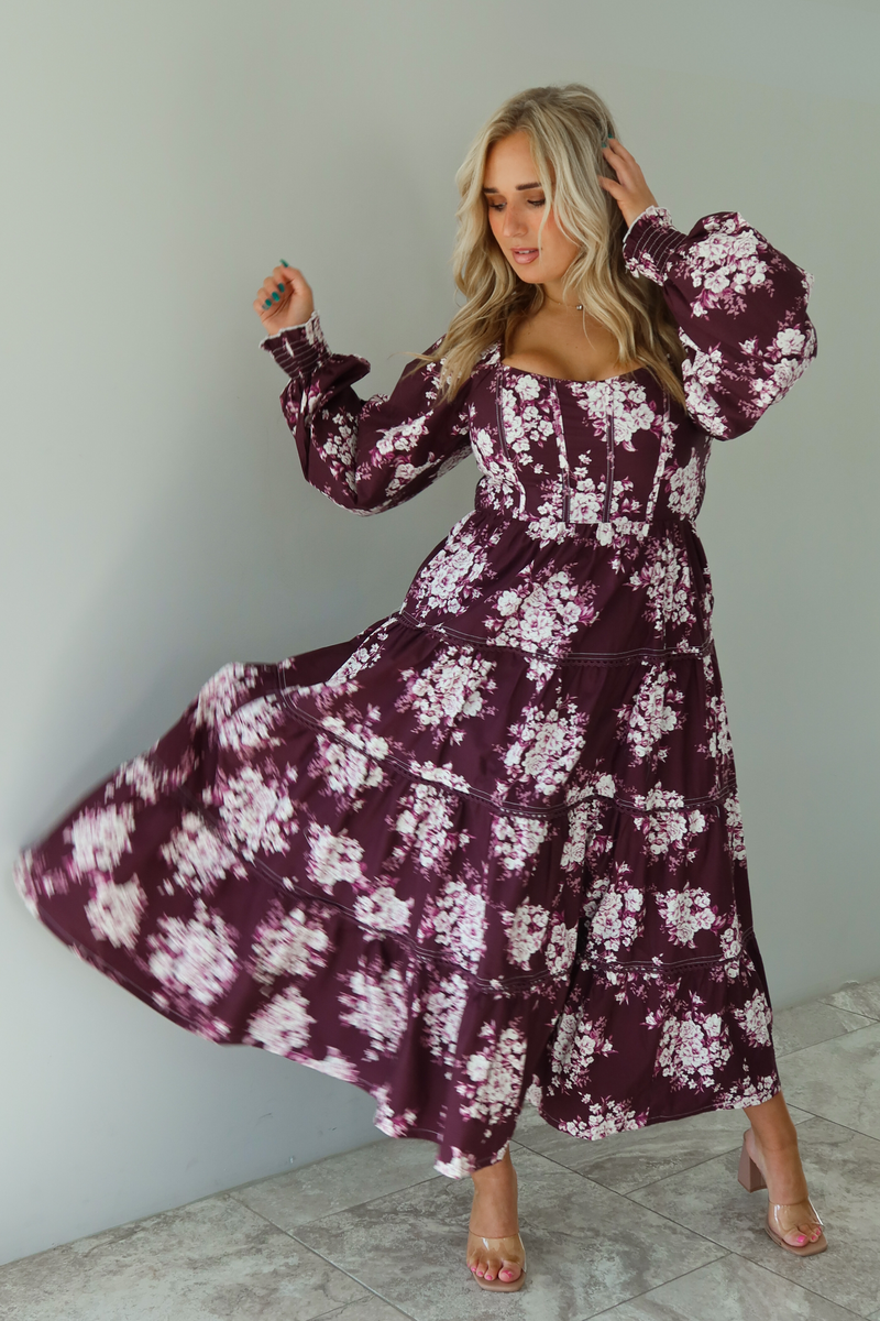 Burgundy floral maxi dress sales