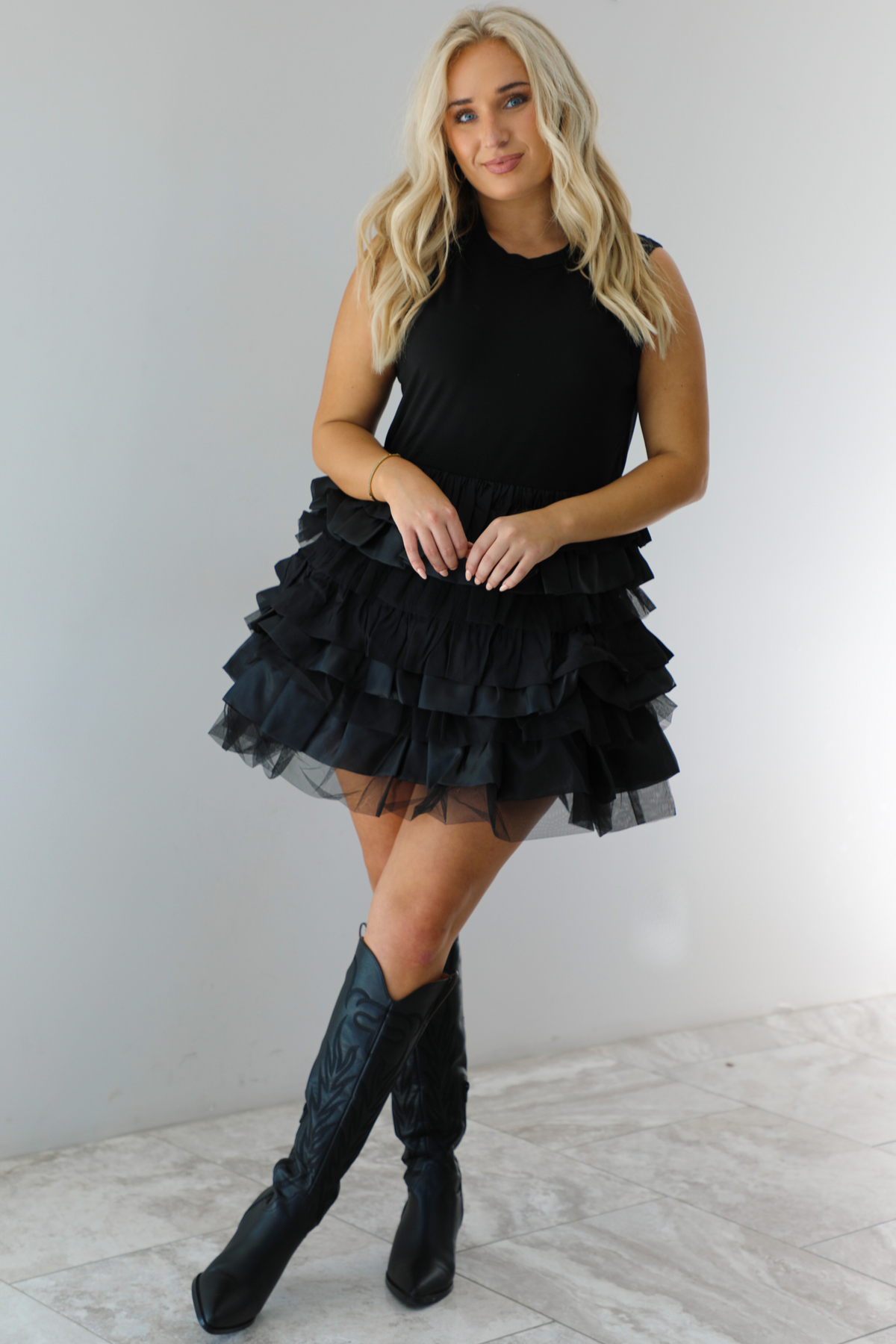 Timeless Beauty Ruffle Tiered Mini Dress: Black