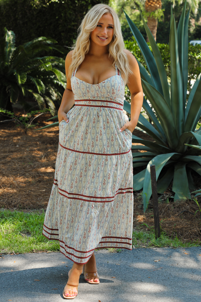 Follow Along Midi Dress: Dusty Blue/Multi