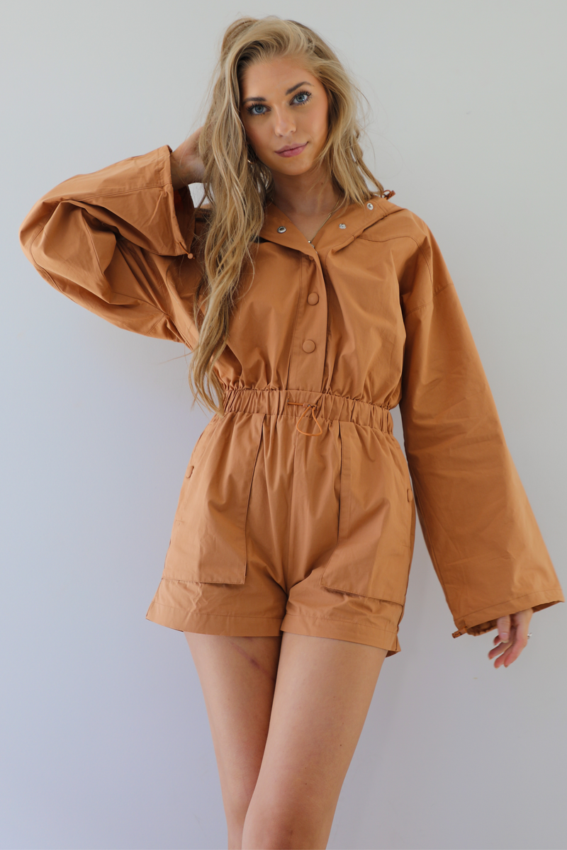 Rainy Days Romper: Caramel