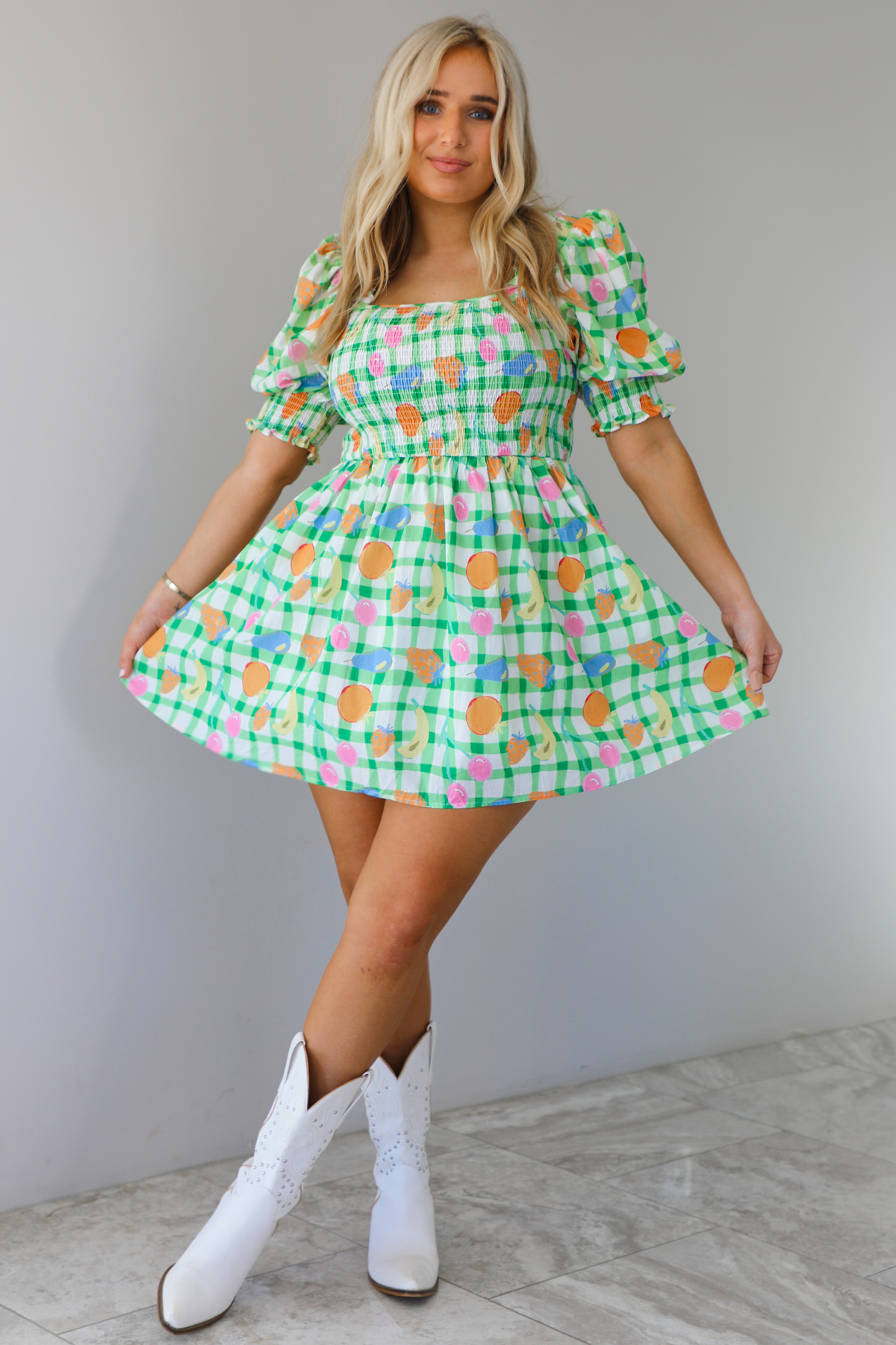 Here For Today Puff Minidress: Green/Multi
