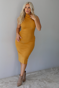 A woman wearing a marigold sleeveless midi dress with a high, turtle neckline, ribbed textured material, and is fitted, standing indoors against a white wall with white marble flooring. 