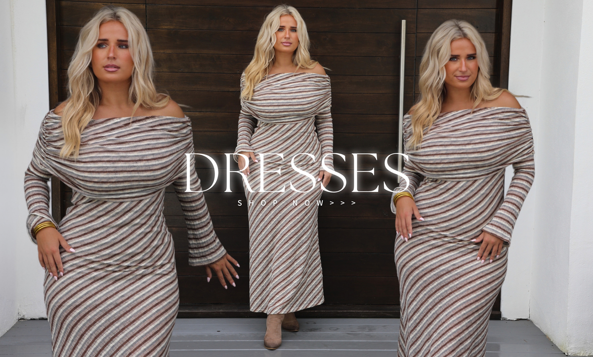 Three photos of the same woman wearing a grey, brown, sand, and off-white striped maci dress with a folded one detail at the top across the bodice and upper half of the sleeves, standing outdoors against a dark wooden door, with "DRESSES SHOP NOW>>>" written in the center. 