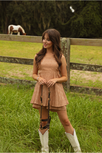 In The Pasture Romper: Peach/Gingham