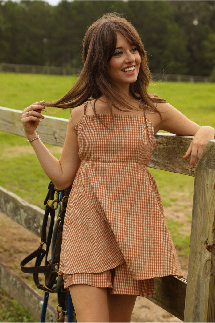 In The Pasture Romper: Peach/Gingham