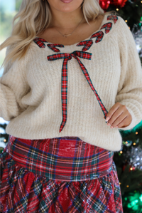 Add A Bow Sweater: Sand/Plaid
