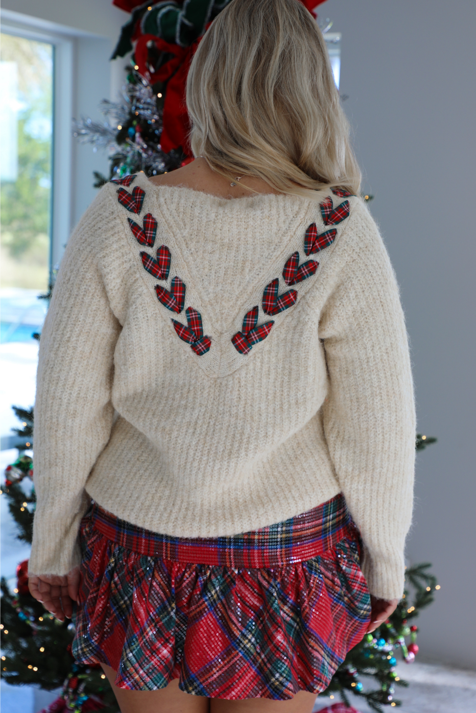Add A Bow Sweater: Sand/Plaid