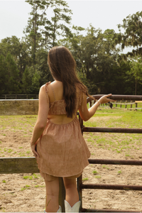 In The Pasture Romper: Peach/Gingham