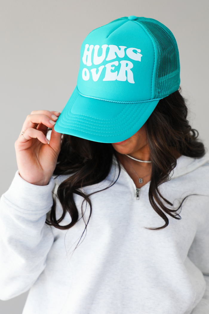 Hungover Trucker Hat: Turquoise/White
