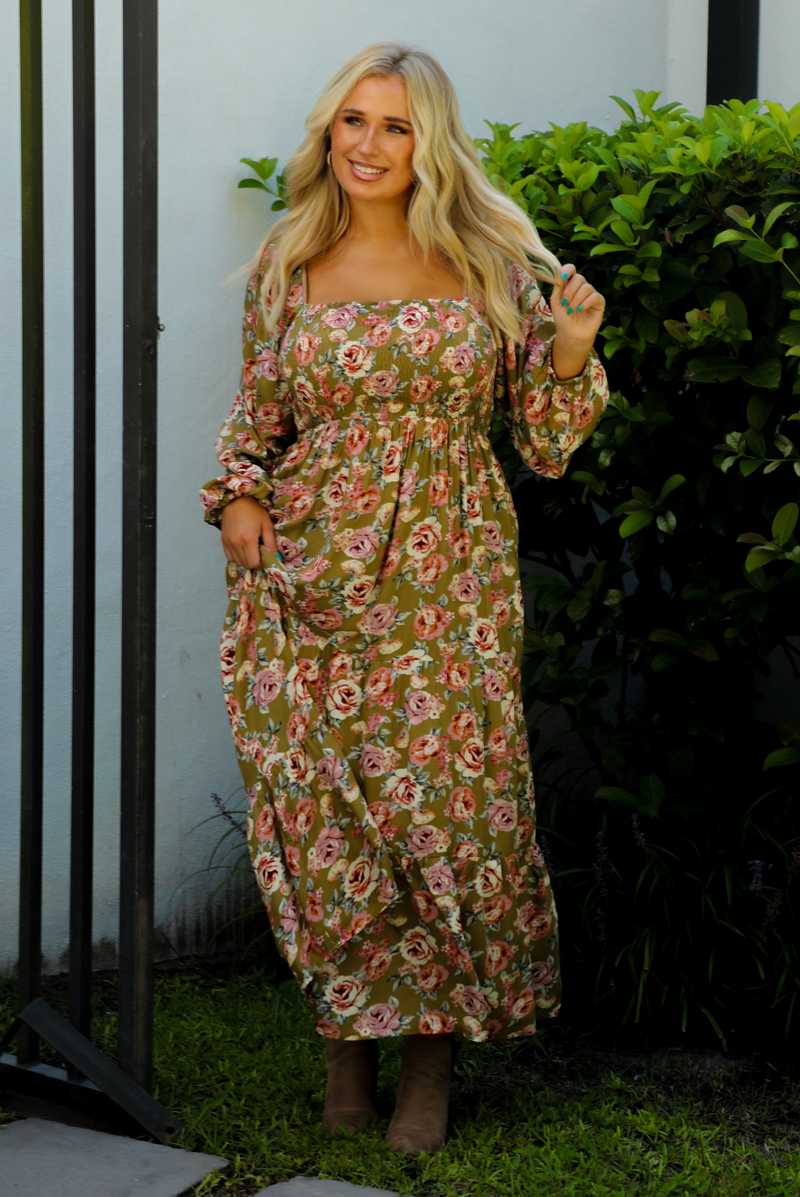 Pumpkin Patch Midi Dress: Green/Multi Floral