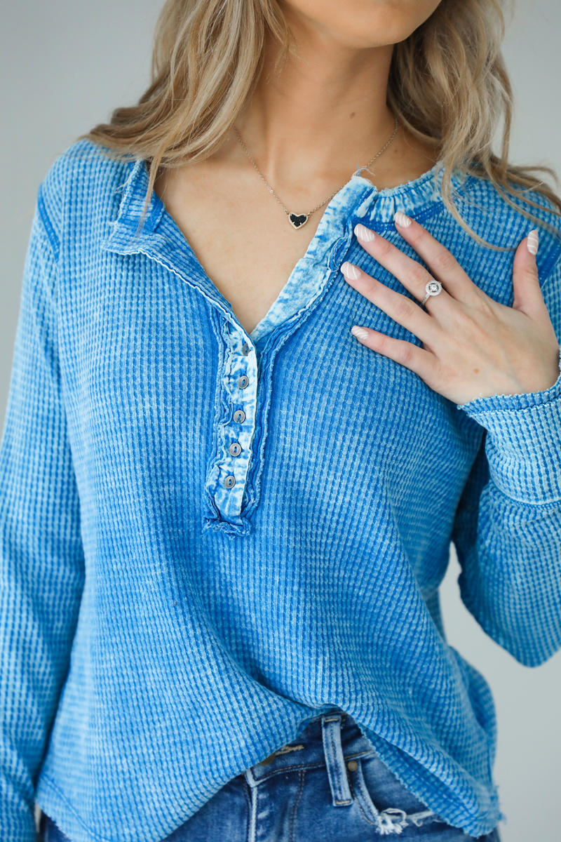 Here To Stay Waffle Henley Top: Blue