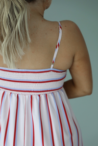 Woman wearing a spaghetti strap, maxi length dress that has a light pink color throughout with a red and light blue striped pattern. The photo is taken indoors against a white wall and shows the back of the dress, which has adjustable straps and a smocked back. 