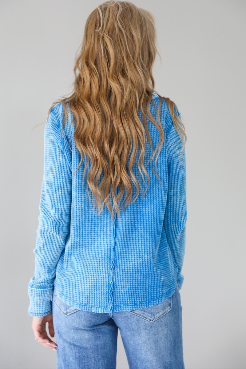 Here To Stay Waffle Henley Top: Blue