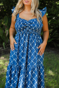 Hidden Meaning Maxi Dress: Denim/Cream