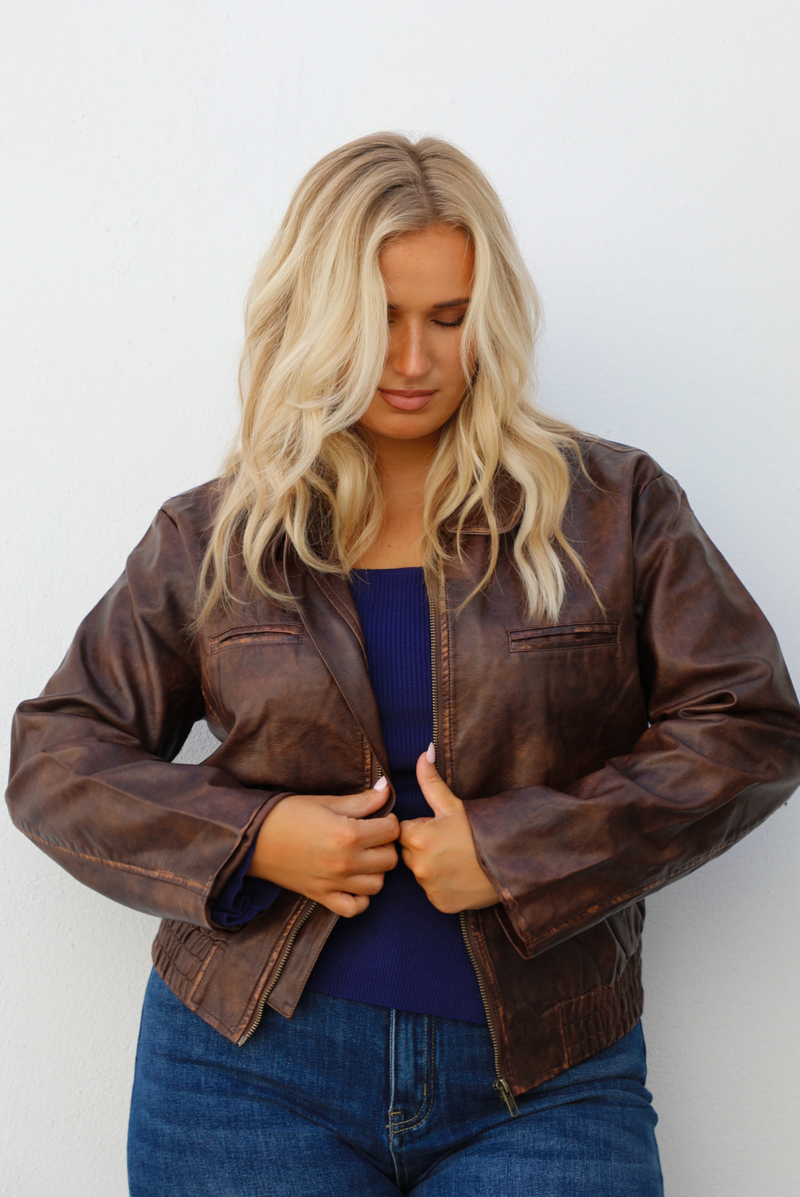 PRE-ORDER: Demi Vegan Leather Jacket: Brown