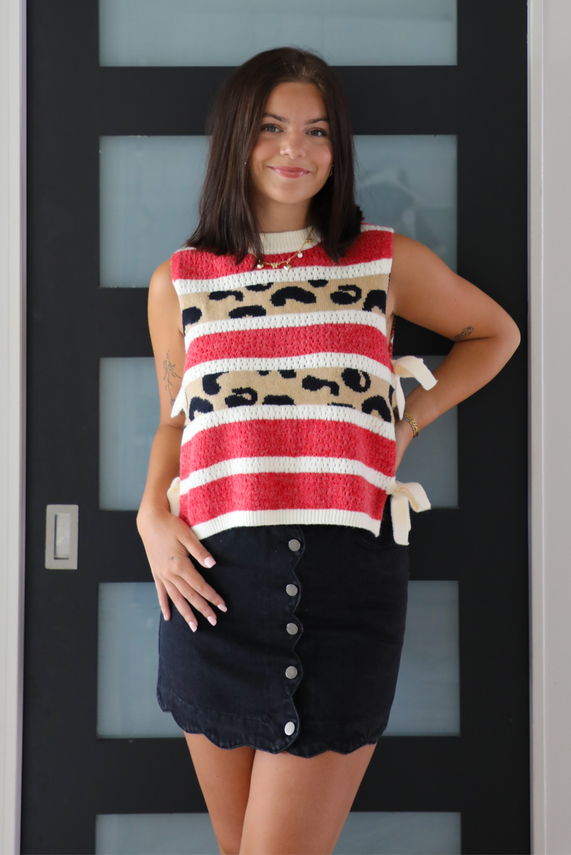Surely Yours Sweater: Red/Leopard Multi