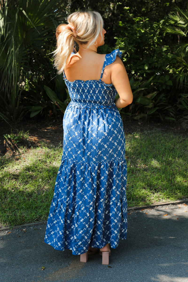 Hidden Meaning Maxi Dress: Denim/Cream