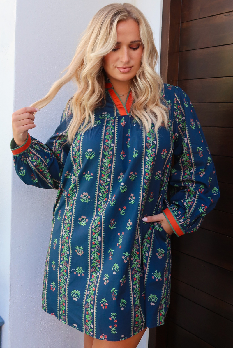 Crisp Fall Days Dress: Navy/Multi