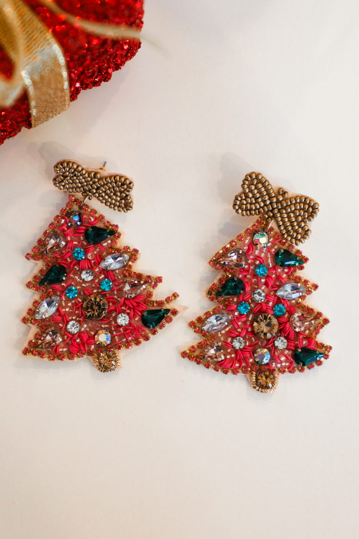 Pink Christmas Tree Earrings: Pink/Multi