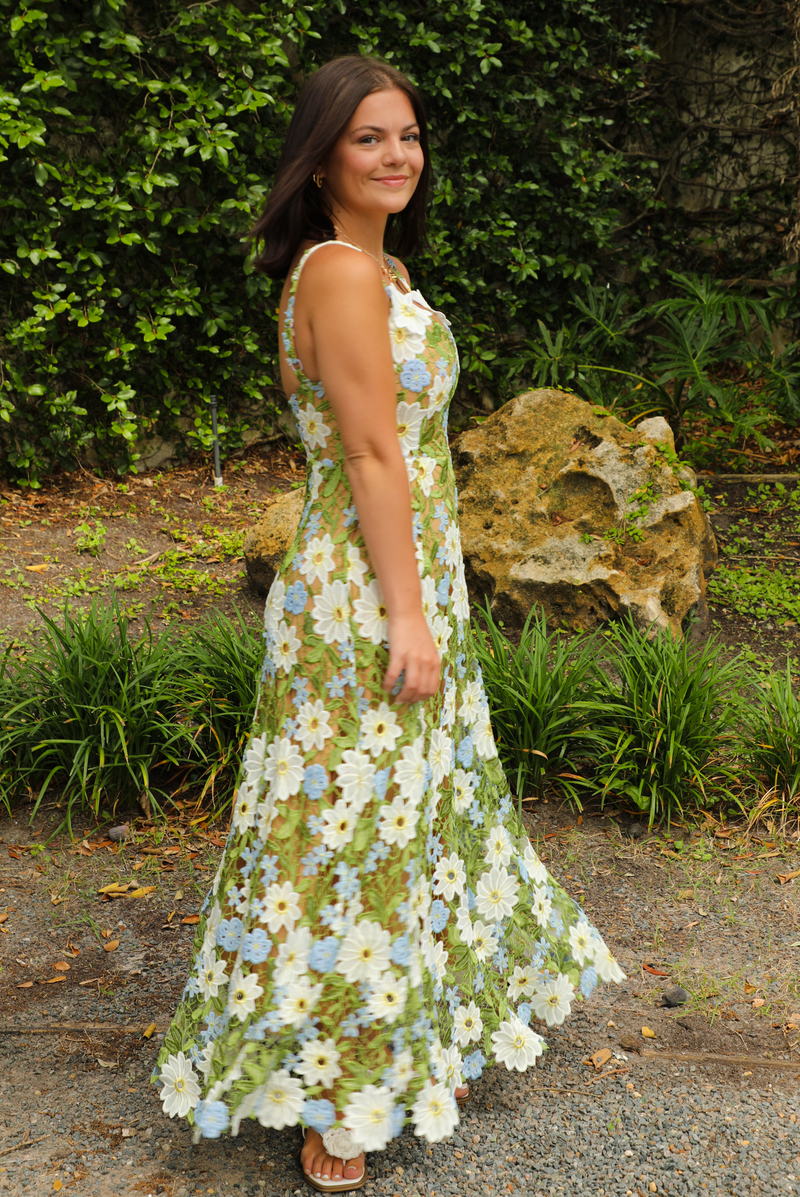 PRE-ORDER: Flower Fields Maxi Dress: Green/Multi