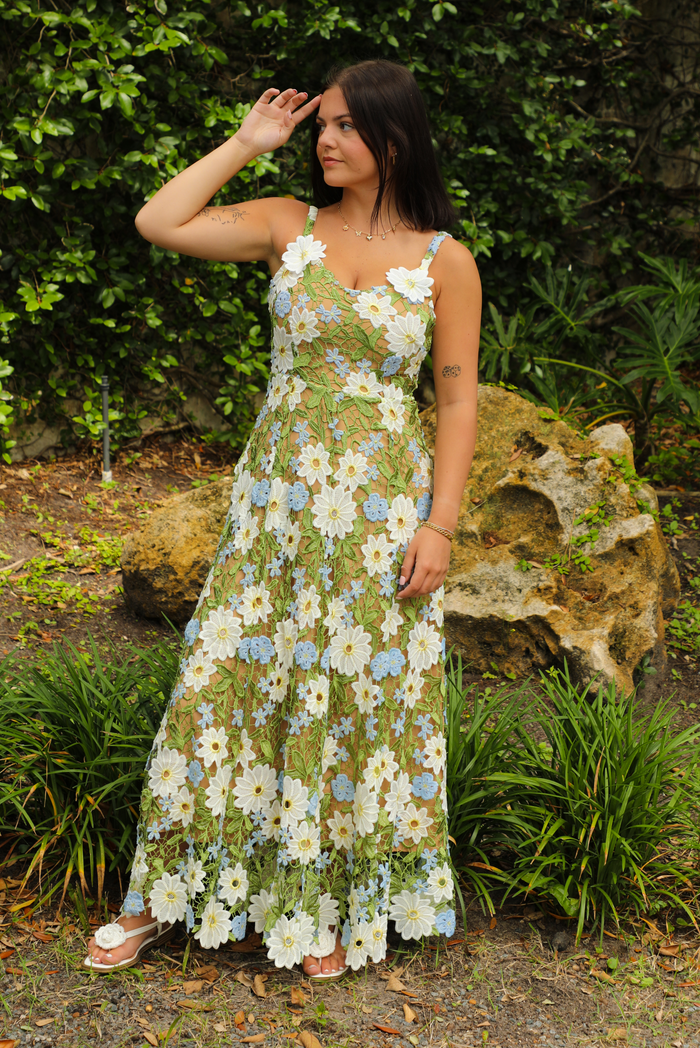 PRE-ORDER: Flower Fields Maxi Dress: Green/Multi