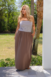 Taking It Slow Maxi Dress: Taupe/Ivory
