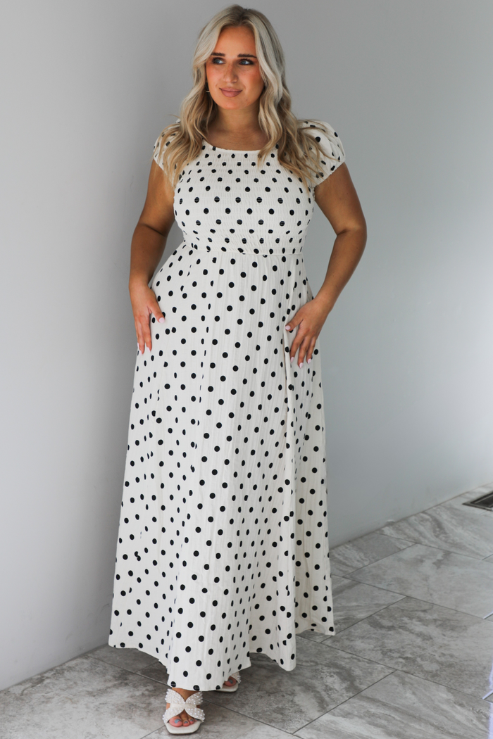 Polka Dot Cutie Midi Dress: Cream/Black